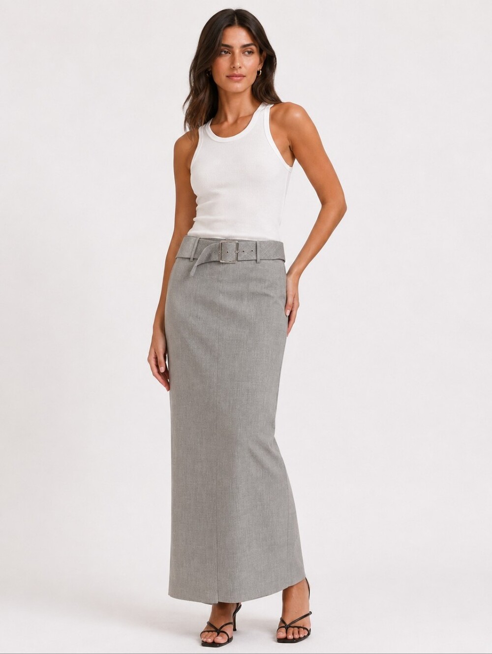 Ser.O.Ya Grey Pencil Belted Maxi Skirt Size S NEW